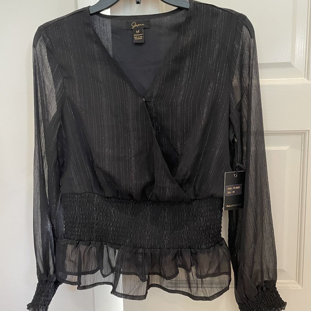 JAPNA Georgette Smocked Waist Blouse, Black, New, Sizes L, M, S